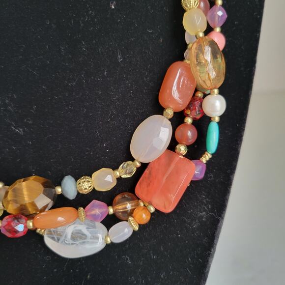 Lia Sophia Mandalay Bay Necklace Gold Tone Tiger Eye Quartz Stones Gems Layered - Picture 2 of 9